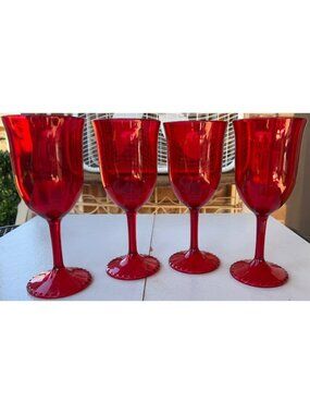 Set of 4 Red Stemmed Design 14 oz. Plastic Wine Goblets 8" Tall
